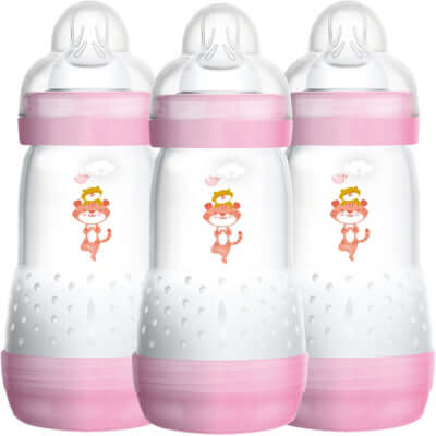 MAM Easy Start Anti-Colic baby bottles 3 pack in pink with cute animal design, ideal for combination feeding.
