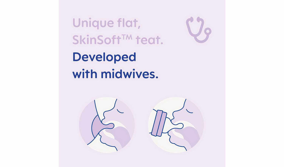 Unique flat SkinSoft teat developed with midwives for optimal baby feeding experience.