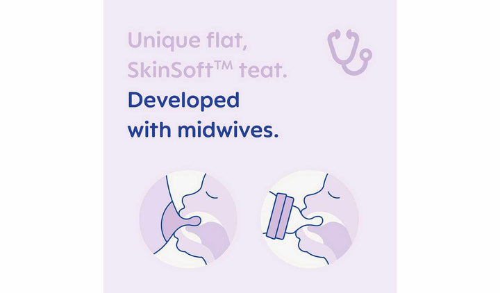 Unique flat SkinSoft teat developed with midwives for optimal baby feeding experience.