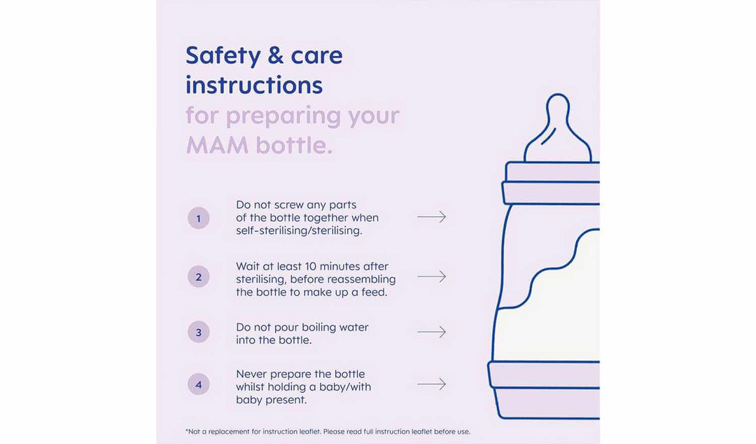 Safety and care instructions for preparing the MAM anti-colic baby bottle, including sterilization tips.