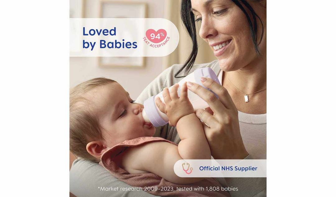 Mother feeding baby with MAM anti-colic bottle, showcasing 94% acceptance rate and comfort.