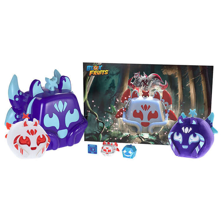 Blox Fruits Kitsune Collector Bundle featuring plush toys, minifigures, and a collectible poster.
