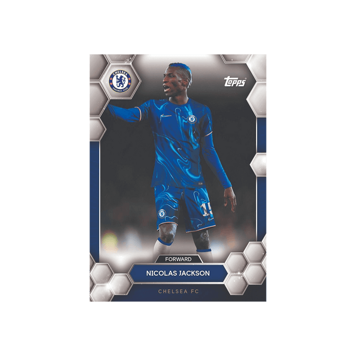 Topps Chelsea FC 2024/25 Fan Set card featuring Nicolas Jackson, a forward celebrating in team colors.
