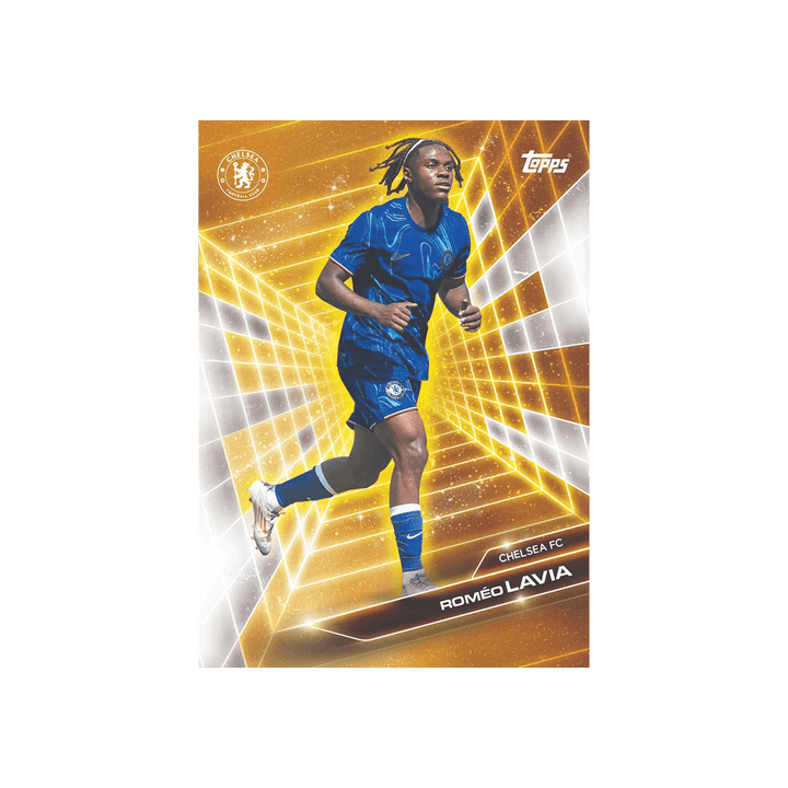 Topps Chelsea FC 2024/25 card of Romeo Lavia in action, featuring a vibrant golden design.