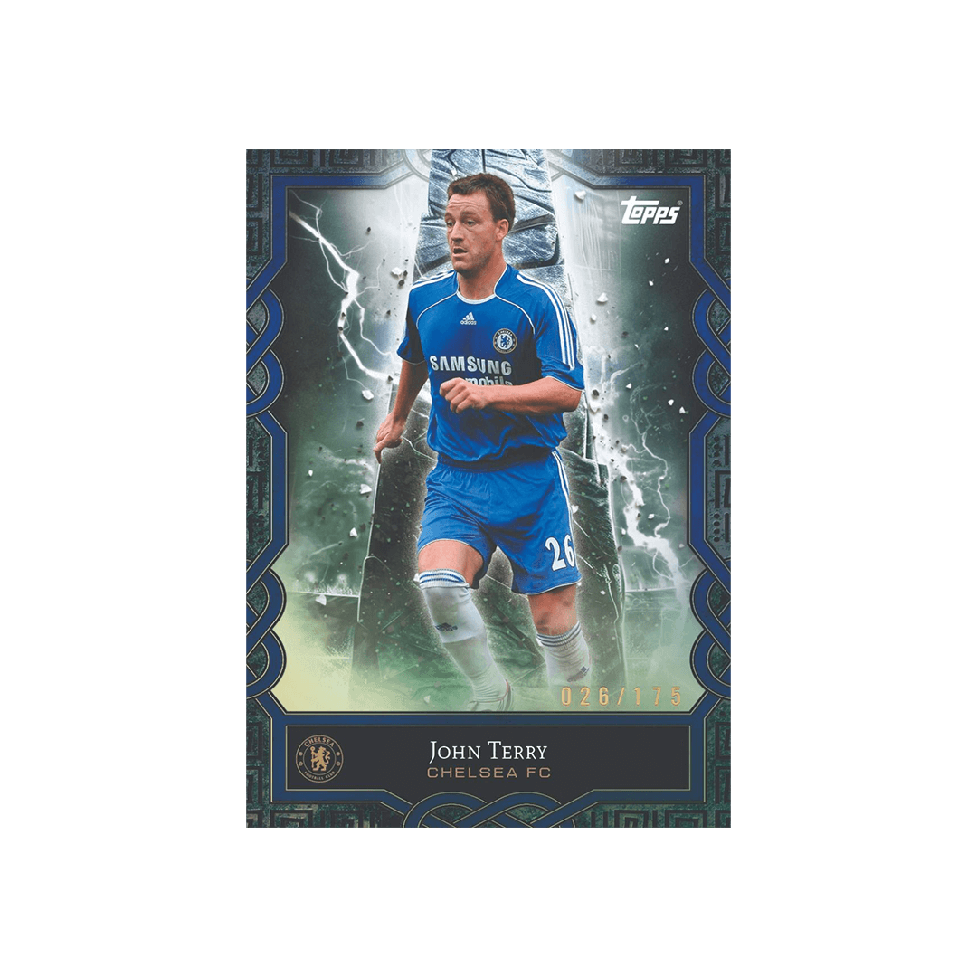 Topps Chelsea FC card featuring John Terry, showcasing his iconic blue kit in action.