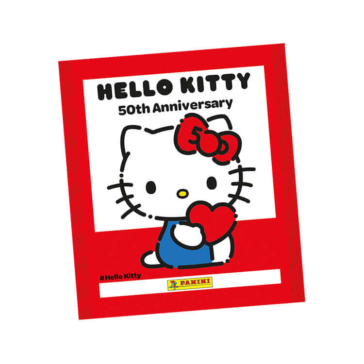 Hello Kitty 50th Anniversary Sticker Album Cover by Panini featuring iconic Hello Kitty design with red border.