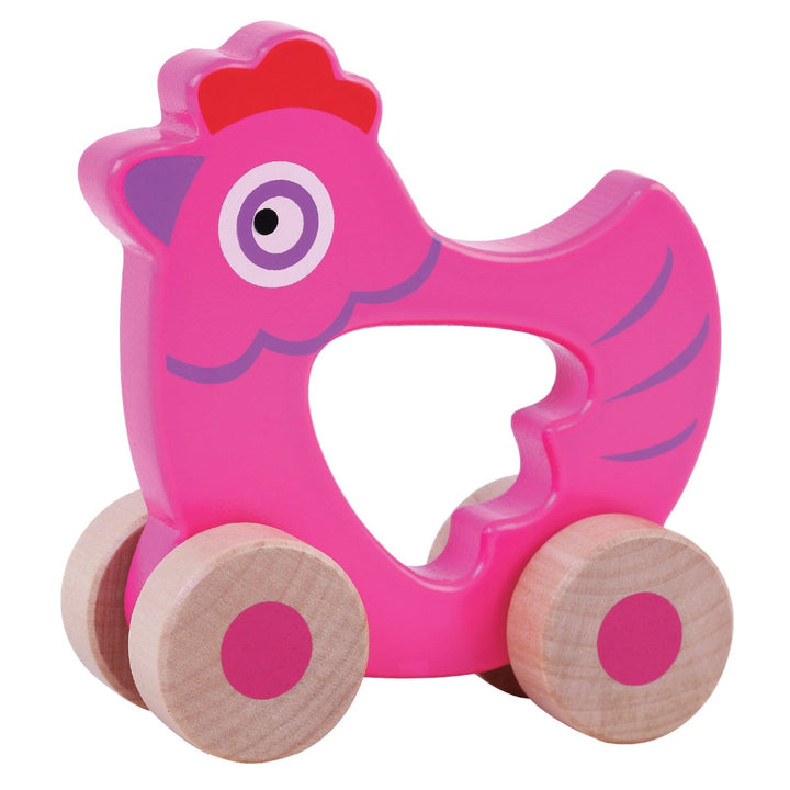 Colorful wooden hen toy with wheels from the Push Along Friends range, perfect for toddlers. Ethically sourced, size 11.7 x 4.8 x 11.2cm.