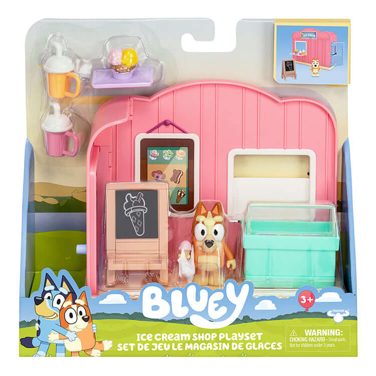 Bluey Ice Cream Shop Playset with articulated figure and accessories in pink packaging for imaginative play.