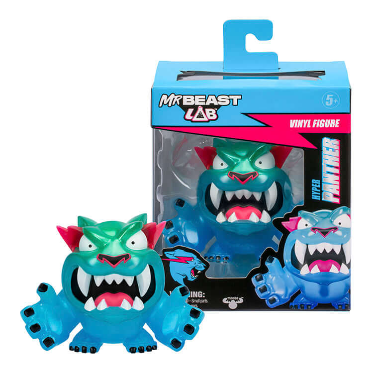 MrBeast Lab Hyper Panther Vinyl Figure in blue and green, showcased in premium packaging for collectors.