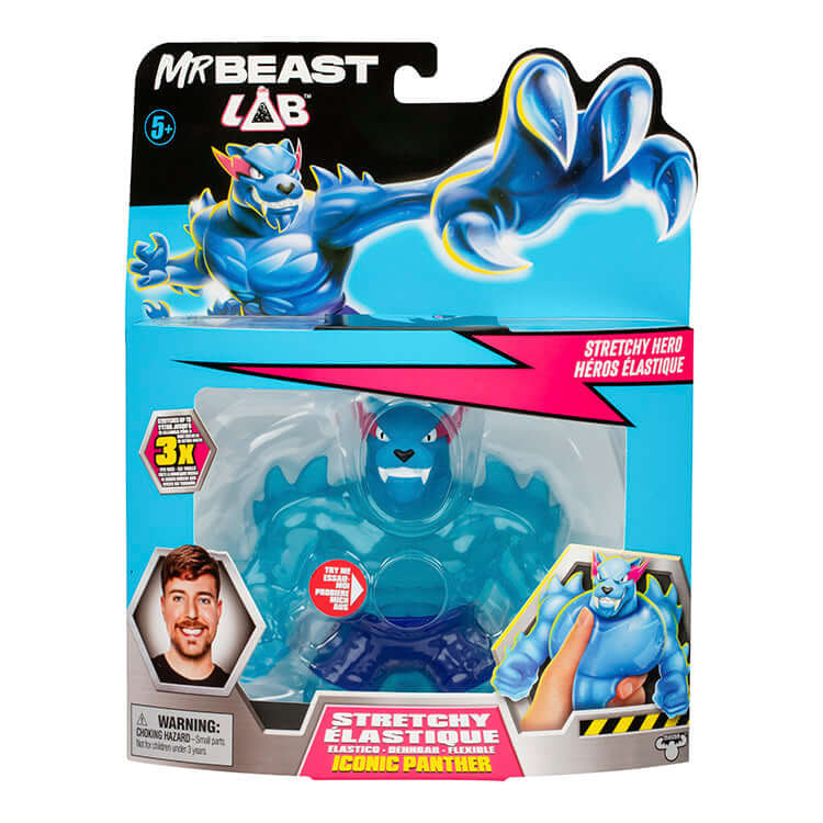 MrBeast Lab Iconic Panther Stretchy Hero toy packaging with a blue panther figure, displaying squishy and stretchy features.