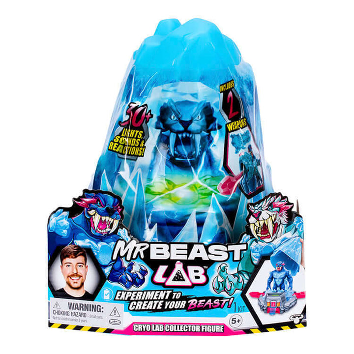 MrBeast Lab Cryo Lab toy packaging featuring Big Cat characters and MrBeast Panther Collector Figure with vibrant graphics and colors.