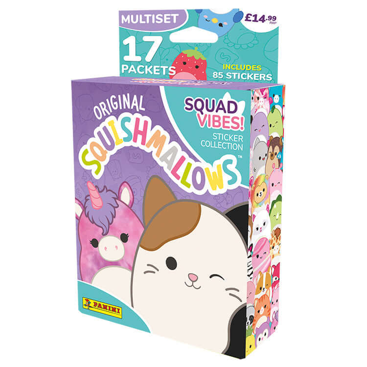 Squishmallows Squad Vibes Sticker Collection Pack by Panini with colorful collectible characters and 85 stickers.