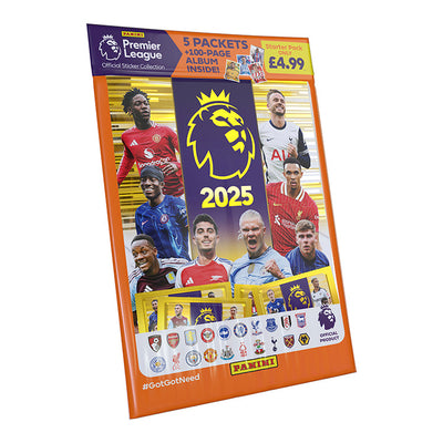 Premier League 2025 Official Sticker Collection showcasing teams, stickers, and the starter pack details by Panini.