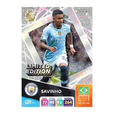 Limited Edition Savinho trading card from Premier League Adrenalyn XL, featuring stats and Manchester City branding.