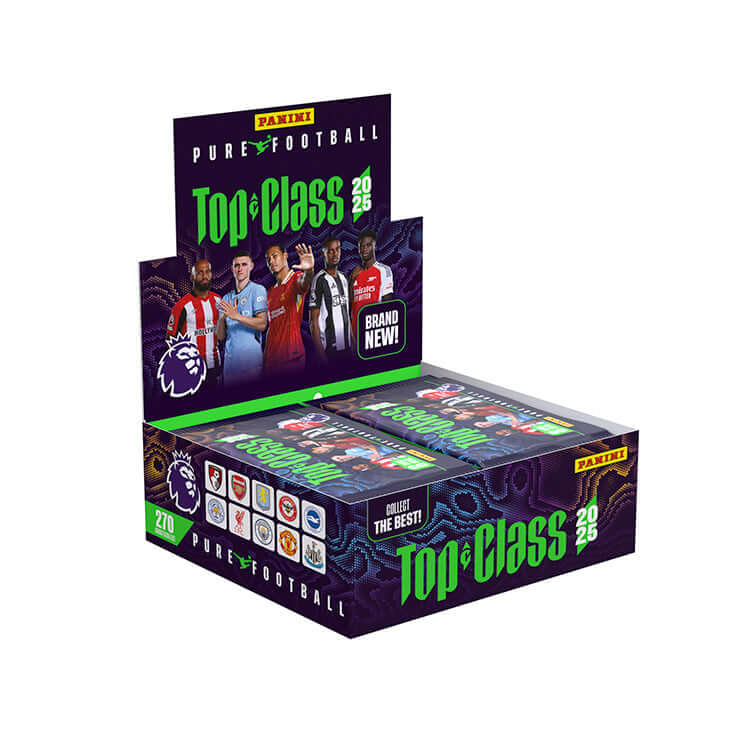 Premier League Top Class 2025 Trading Cards display box showcasing superstar players and spectacular designs.