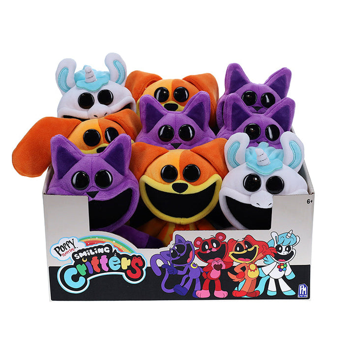 Collection of Poppy Playtime Series 3 Smiling Critters plush toys in a display, featuring vibrant designs and playful expressions.