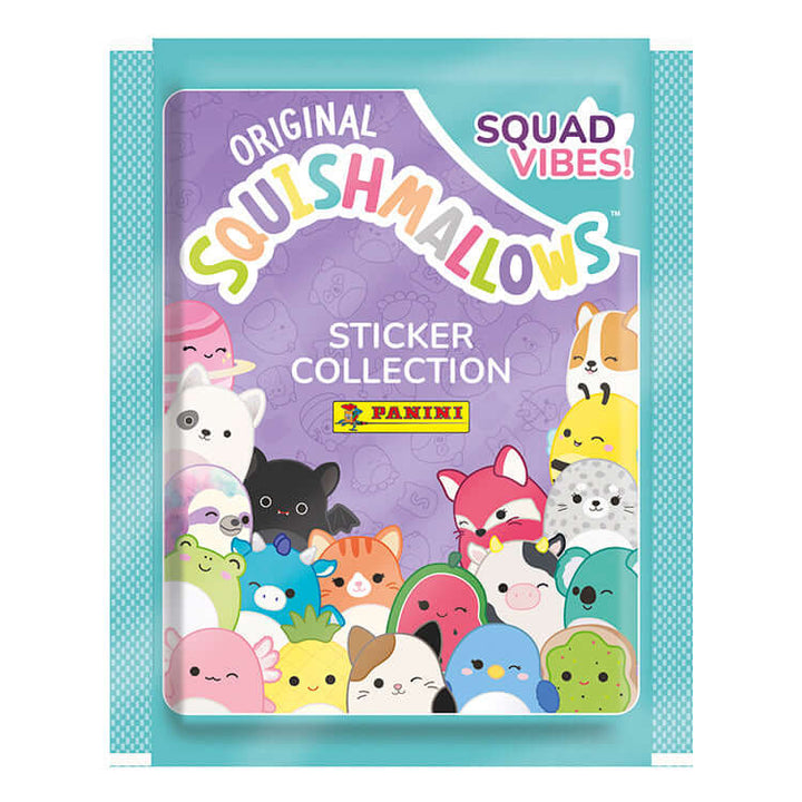 Squishmallows Squad Vibes Sticker Collection pack featuring colorful characters from Panini, perfect for collectors and fans.