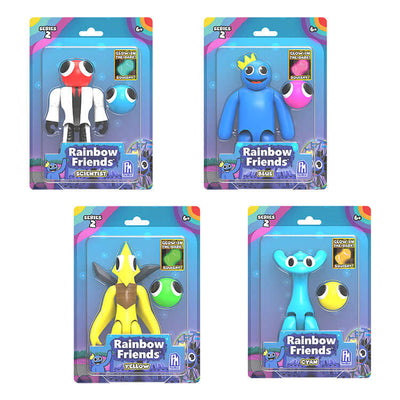 Rainbow Friends Series 2 action figures featuring Scientist, Blue, Yellow Bird, and Cyan in packaging.