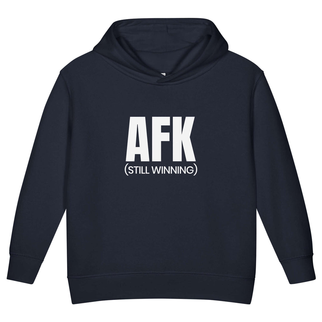 AFK Toddler fleece pullover hoodie in navy with 'AFK (STILL WINNING)' graphic for comfortable toddler wear.