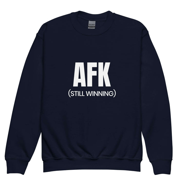 AFK Youth crewneck sweatshirt in navy blue featuring bold text AFK (STILL WINNING). Cozy and stylish for everyday wear.