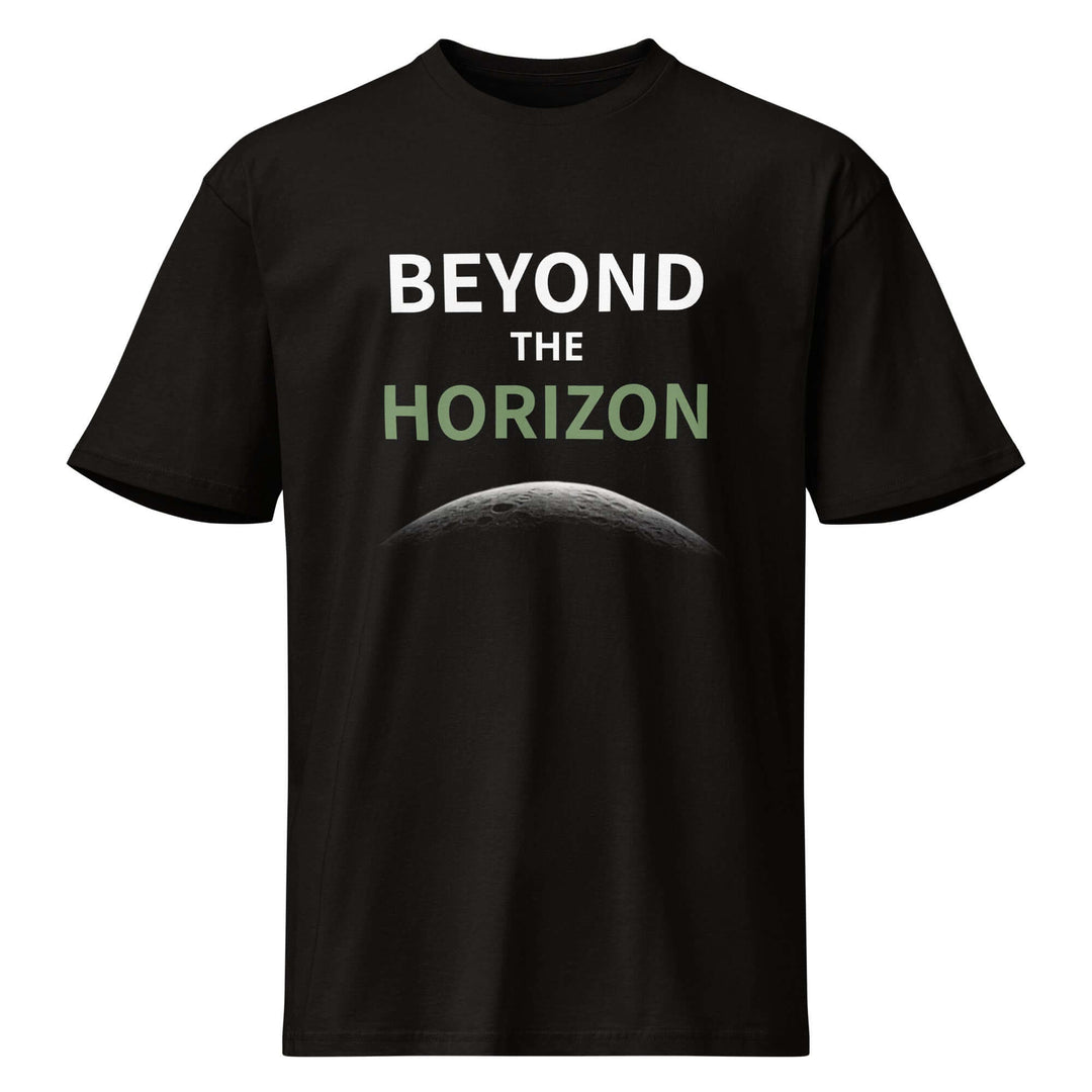 Beyond the Horizon Cotton Mens Short Sleeve T-Shirt Premium Heritage in black with graphic design.