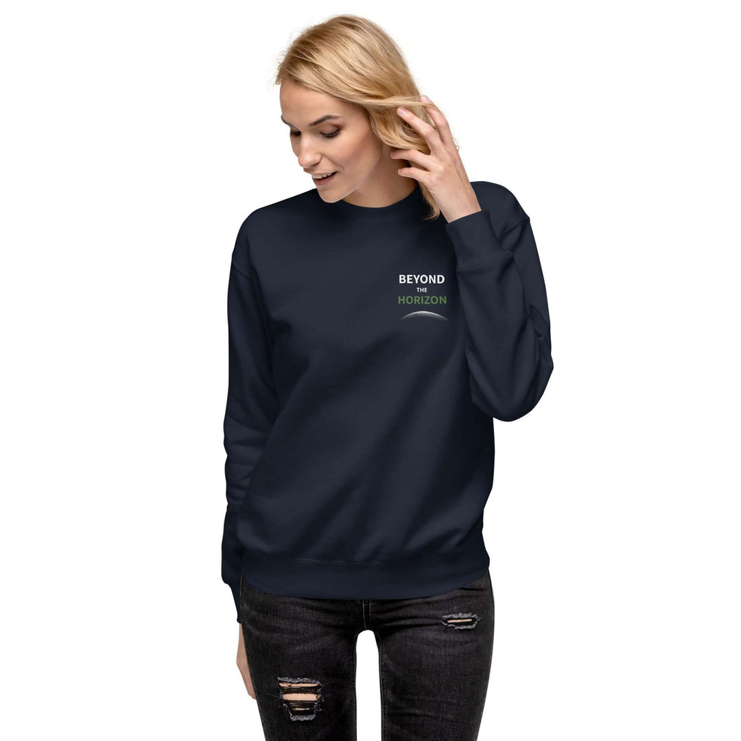 Model wearing a Beyond the Horizon unisex premium sweatshirt in navy, showcasing comfort and style.