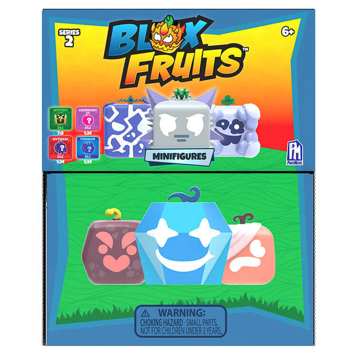 Blox Fruits Series 2 Mini Figures 4-Pack featuring collectible fruits from the popular game, including mystery fruit.