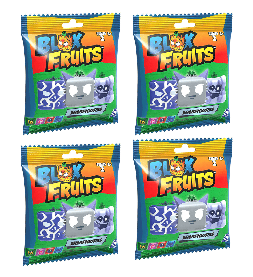 Blox Fruits Series 2 collectible mini figures 4-pack featuring colorful packaging and mystery fruit surprises.