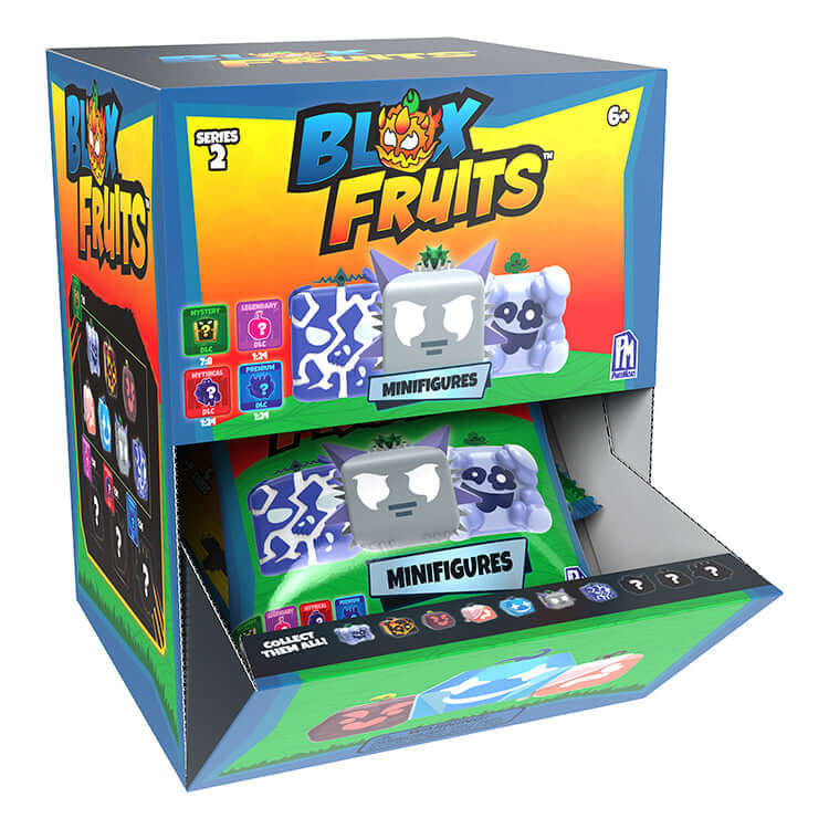 Blox Fruits Series 2 collectible mini figures pack with assorted magical fruit designs and mystery fruit surprise.
