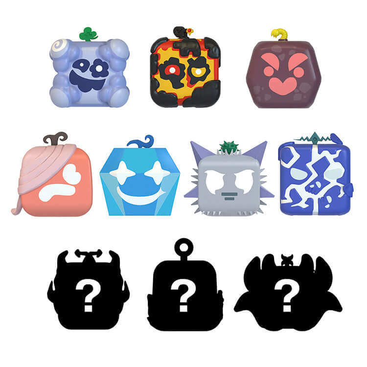 Blox Fruits Series 2 collectible mini figures with various fruit designs and mystery characters.