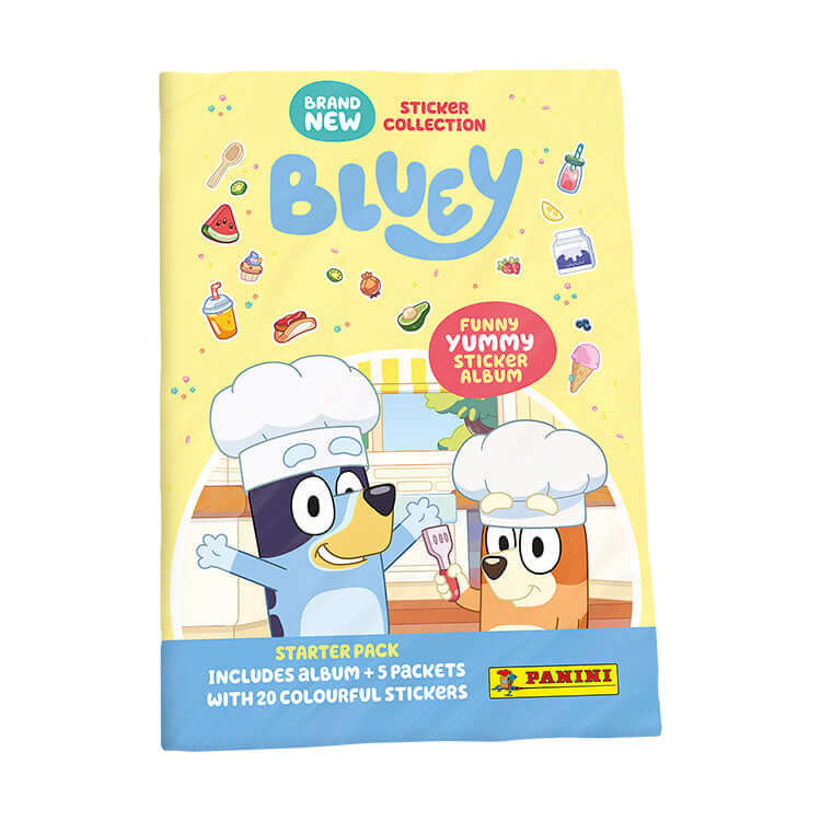 Bluey Funny Yummy Sticker Collection starter pack includes album and 20 colorful stickers by Panini.