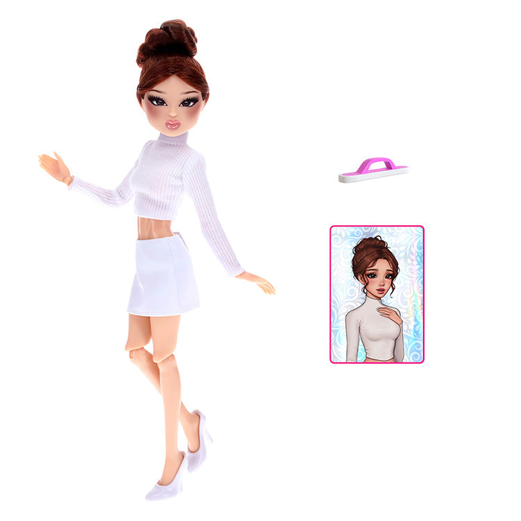 Dress To Impress Lana Fashion Doll Series 1 in a stylish white outfit with pink nail file, ready for fashion fun.
