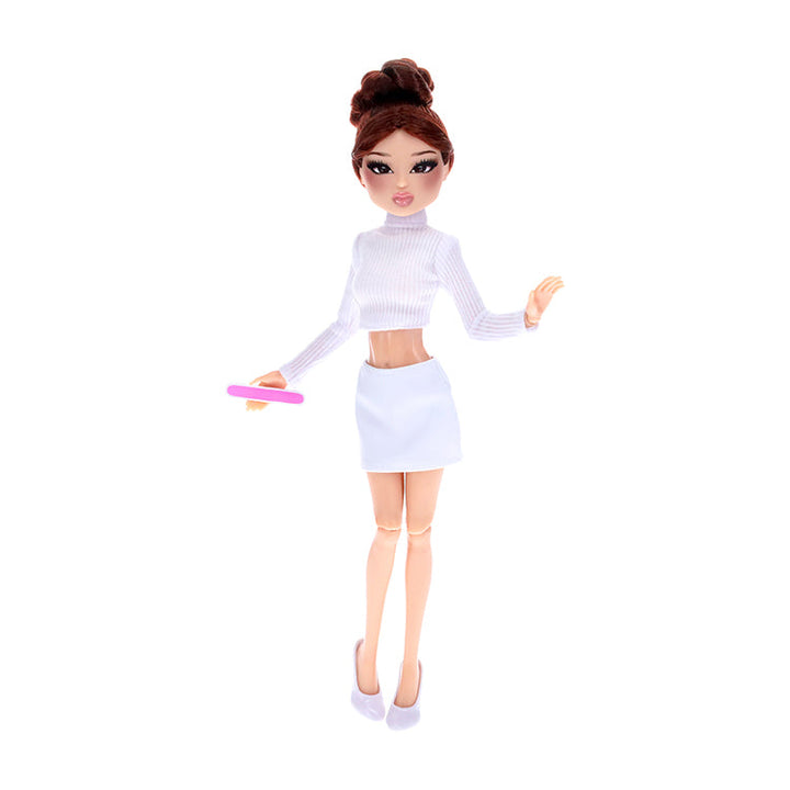 Dress To Impress Lana Fashion Doll Series 1 in stylish all-white outfit holding a pink nail file.
