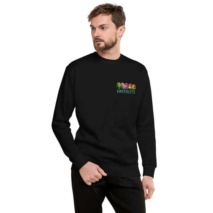 Man wearing Earthlets unisex premium sweatshirt in black with colorful logo, perfect for casual streetwear.