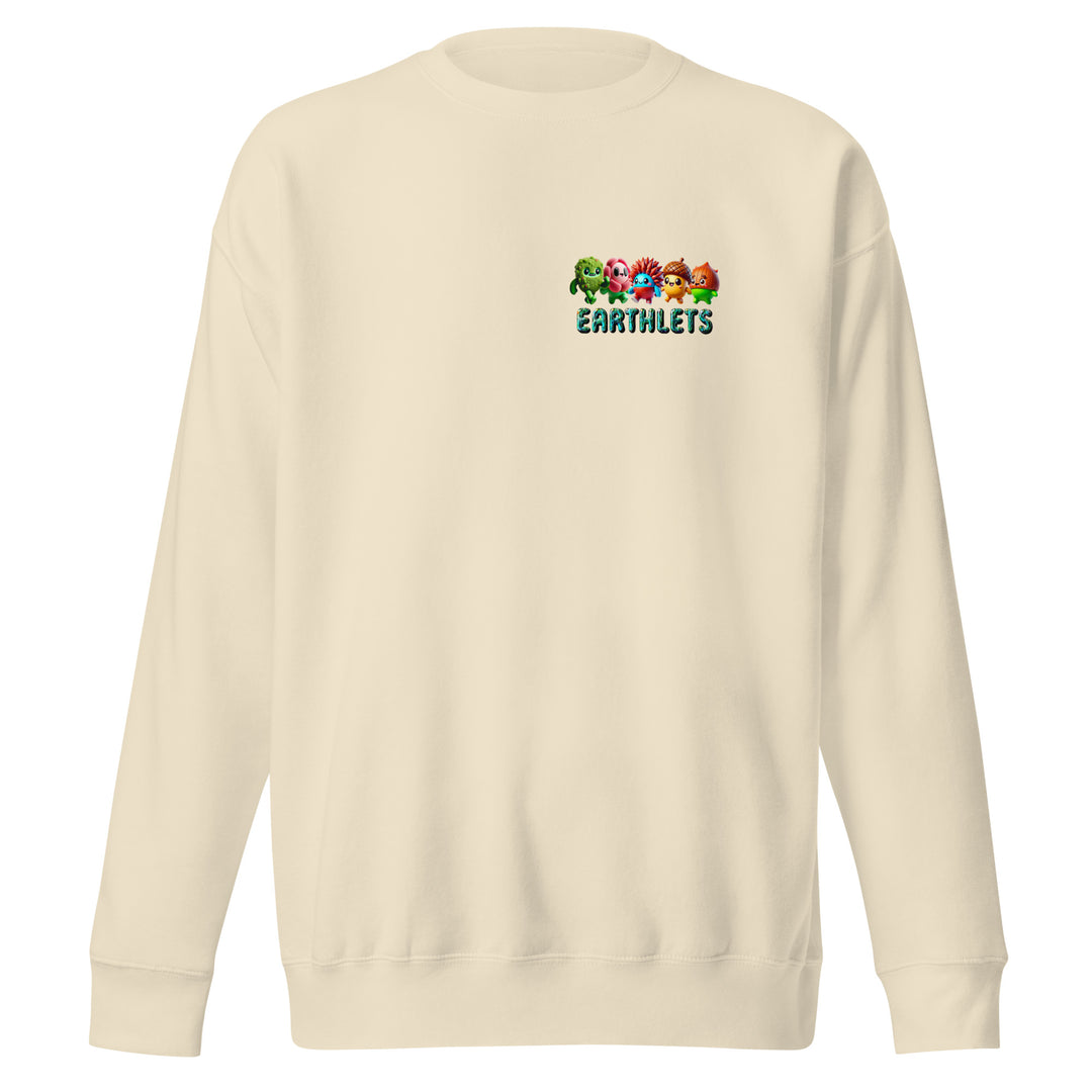 Earthlets unisex premium sweatshirt in cream color featuring colorful logos on the front.