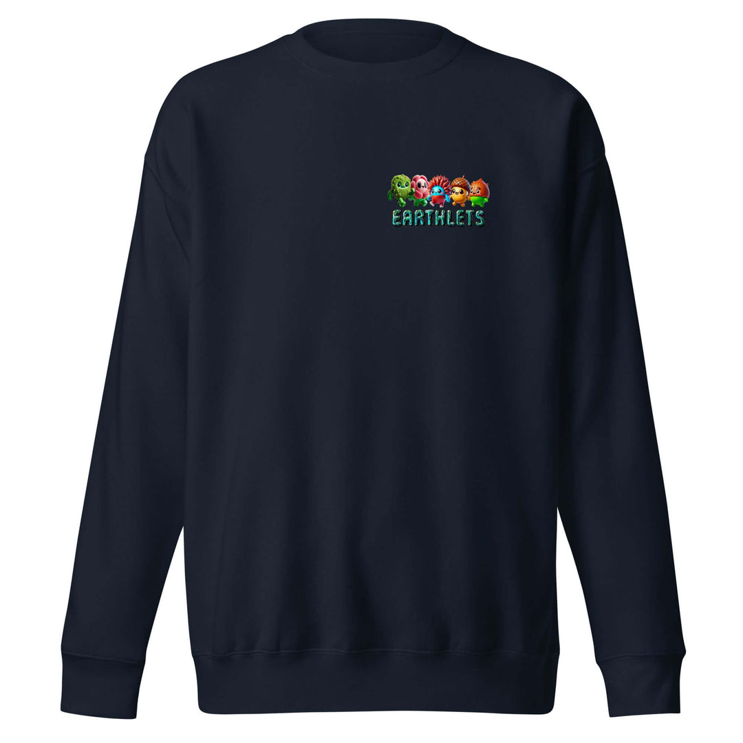 Earthlets unisex premium sweatshirt in navy blue featuring colorful logo design.