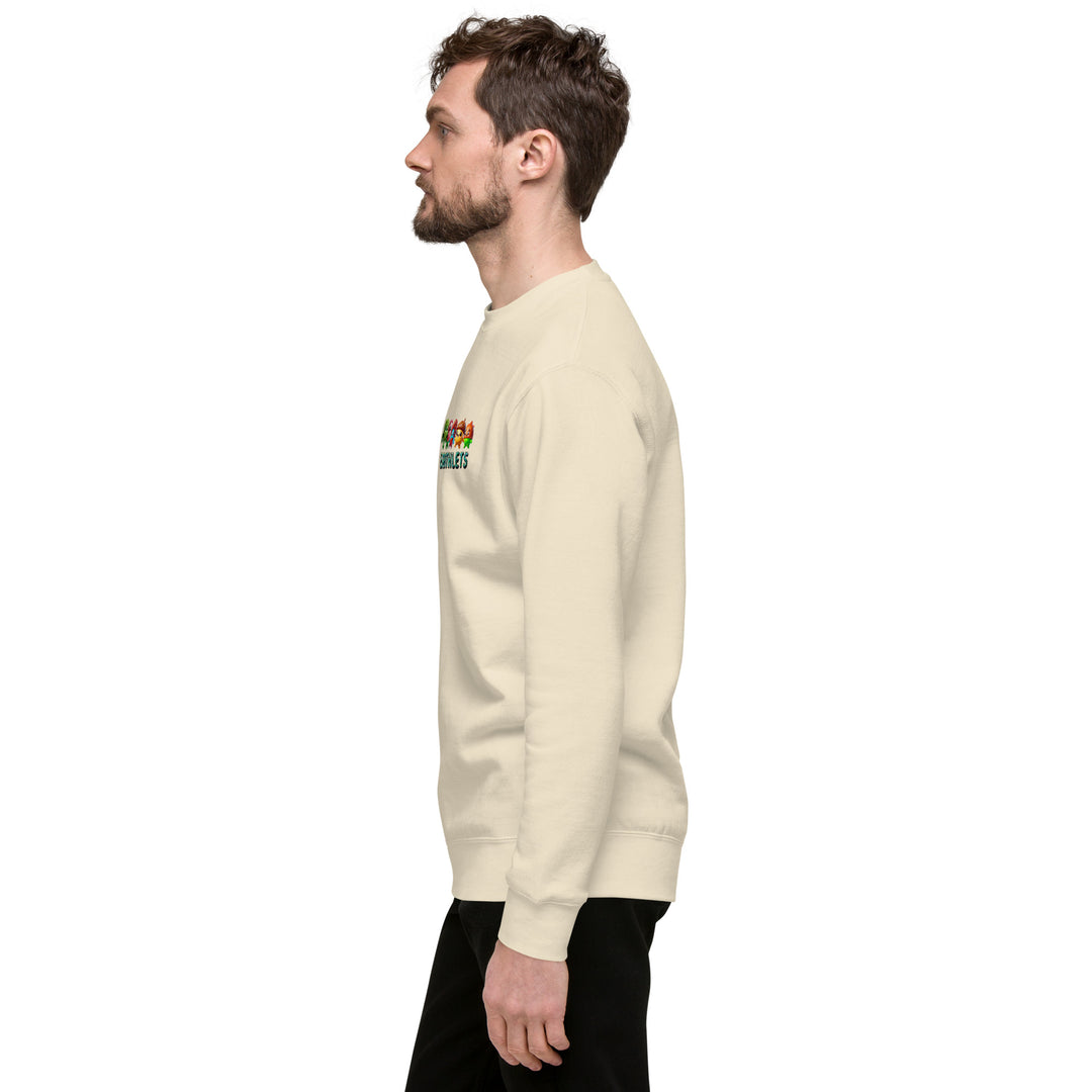 Side view of a man wearing an Earthlets unisex premium sweatshirt in a contemporary style.