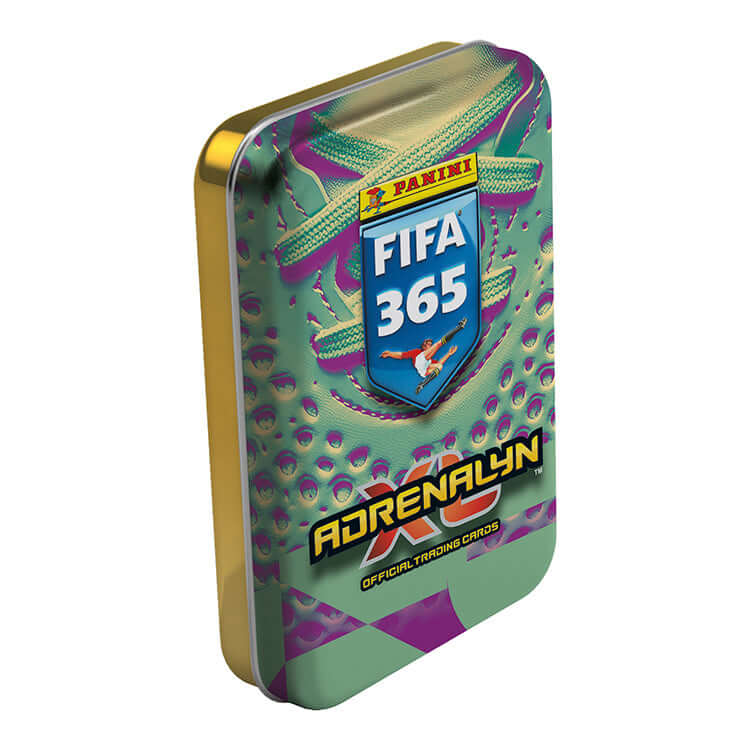 FIFA 365 2025/26 Adrenalyn XL Trading Card Collection tin showing vibrant design and official trading cards.