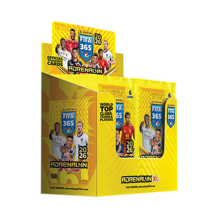 FIFA 365 2025/26 Adrenalyn XL Trading Card Collection display box featuring official cards and top players.