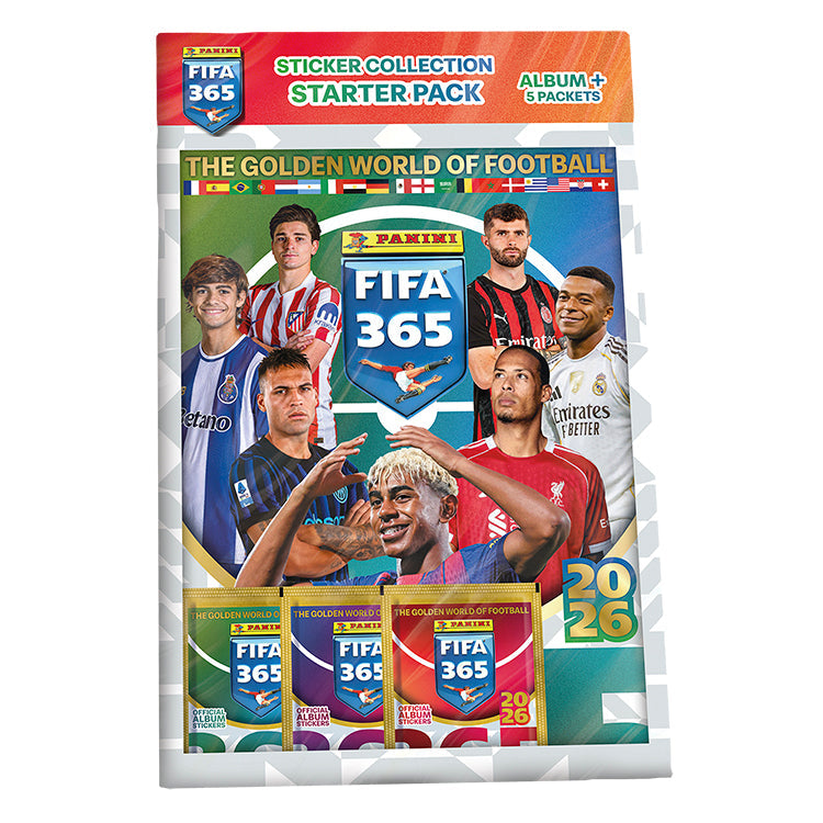 FIFA 365 2025-26 Sticker Collection Starter Pack featuring album and five packets of stickers.
