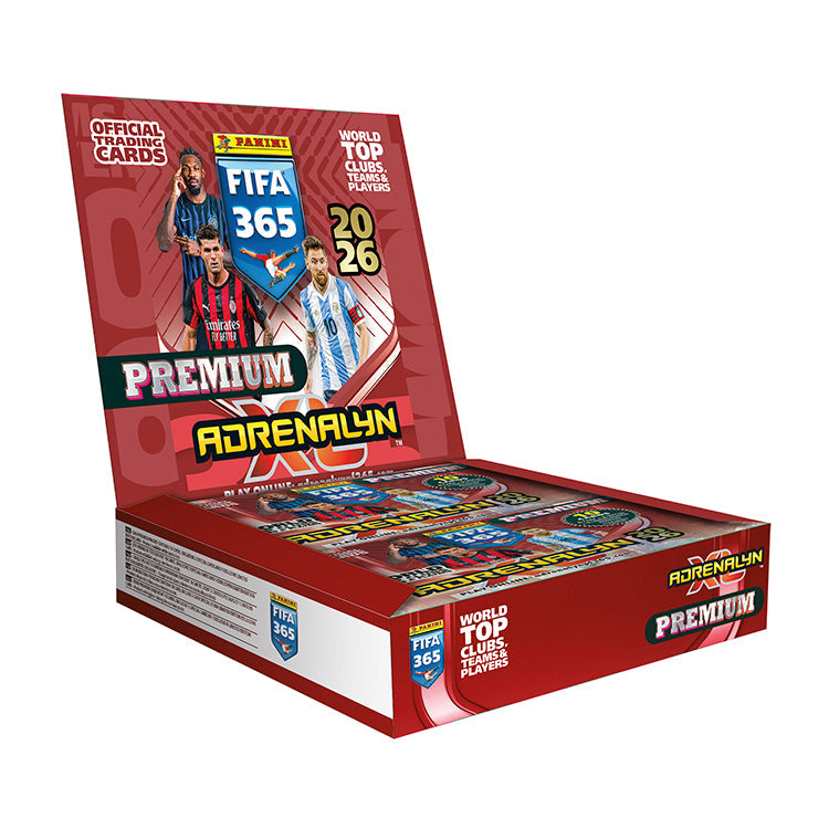 FIFA 365 2025/26 Adrenalyn XL Trading Card Collection premium box featuring trading cards of top football clubs.