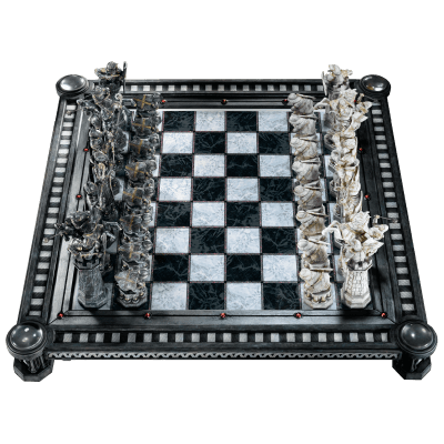 Harry Potter Final Challenge Chess Set featuring intricately designed pieces on a decorative chess board.