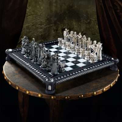 Harry Potter Final Challenge Chess Set featuring intricately detailed pieces on a classic chessboard.