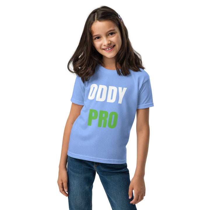 Oddy Pro Youth t-shirt in blue on a smiling girl, showcasing its comfort and modern fit for active kids.