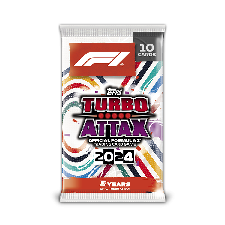 Turbo Attax Official F1 Trading Card Game 2024 10 Card Pack featuring colorful design and 5th anniversary logo.