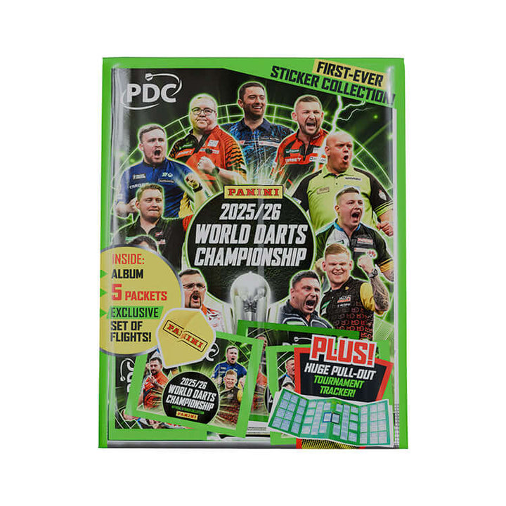 PDC 2026 World Championship Darts Sticker Collection featuring album and exclusive stickers.