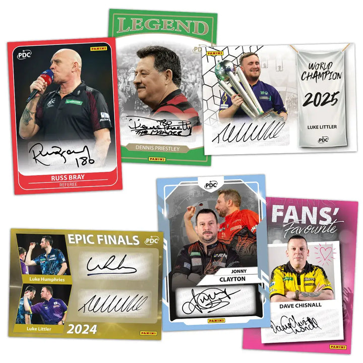 PDC World Championship Darts 2026 Trading Card Collection Collectors Box featuring Luke Littler, Jonny Clayton, and legends.
