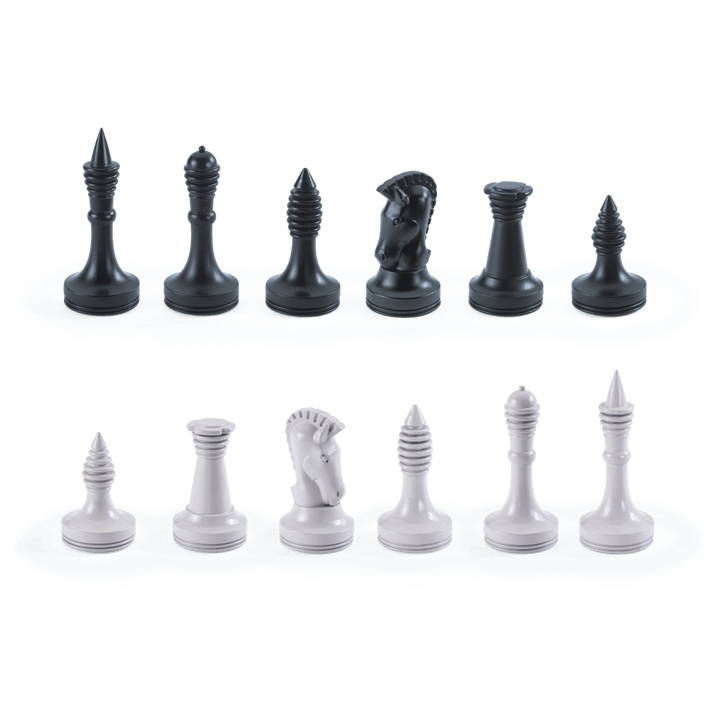 Star Trek Tri-Dimensional Chess Set pieces in black and white, showcasing unique designs inspired by the classic series.