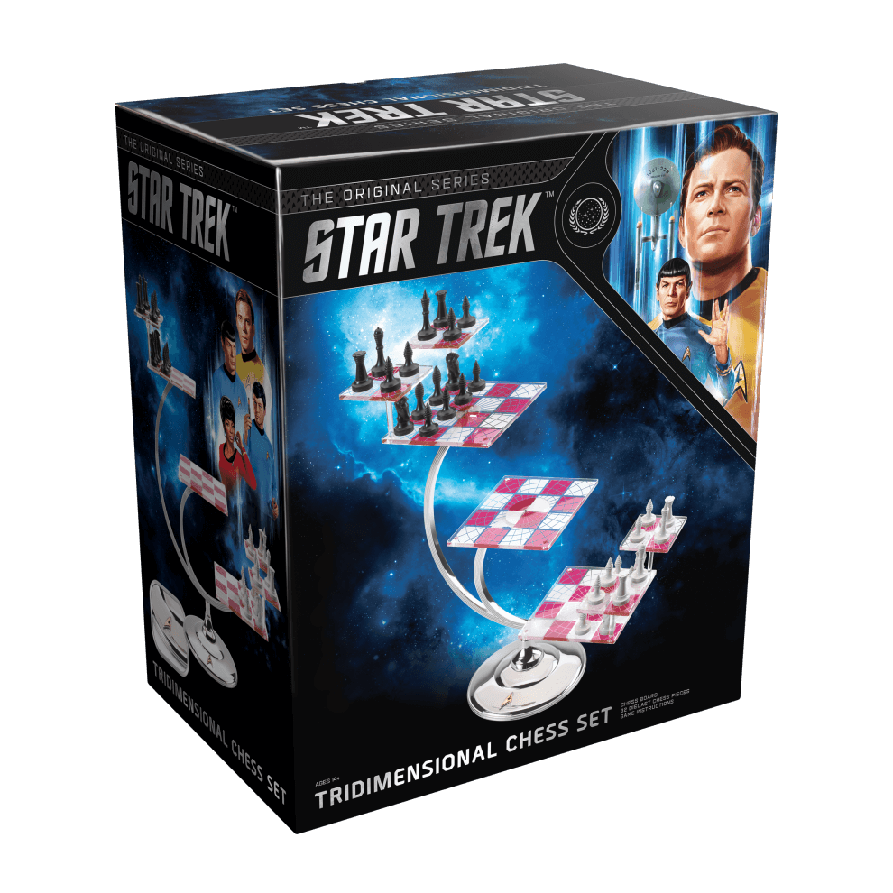 Star Trek Tri-Dimensional Chess Set box featuring iconic characters and a unique playing board design.