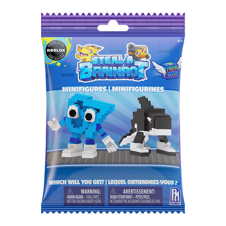 Steal A Brainrot Collectable Minifigures packaging featuring blue and black characters from Roblox.